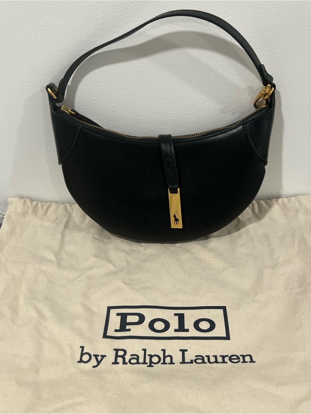 Polo by Ralph Lauren Black Leather Crescent Shoulder Bag with Gold Hardware